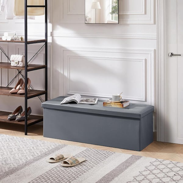 VECELO Storage Ottoman, Foot Rest Stool Footstool Ottoman, Small Square Cube Chest for Living Room/Dorm/Entryway 43 in. Gray