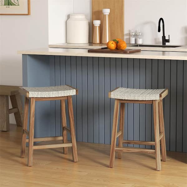 25.5 in. Wood Counter Height Bar Stools with Seagrass Woven Seat and Comfortable Footrests in Natural (Set of 2)