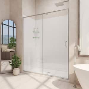 32 in. D x 32 in. W x 78 3/4 in. H Pivot Semi-Frameless Shower Door Base and White Wall Kit in Brushed Nickel