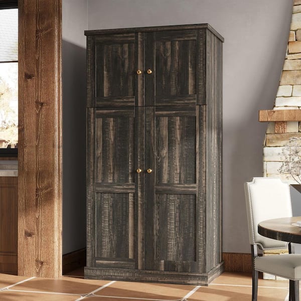 Dark Wood 31.5 in. x 62 in. Pantry Cabinet with Doors, 5-Shelves and Door-Mounted Storage