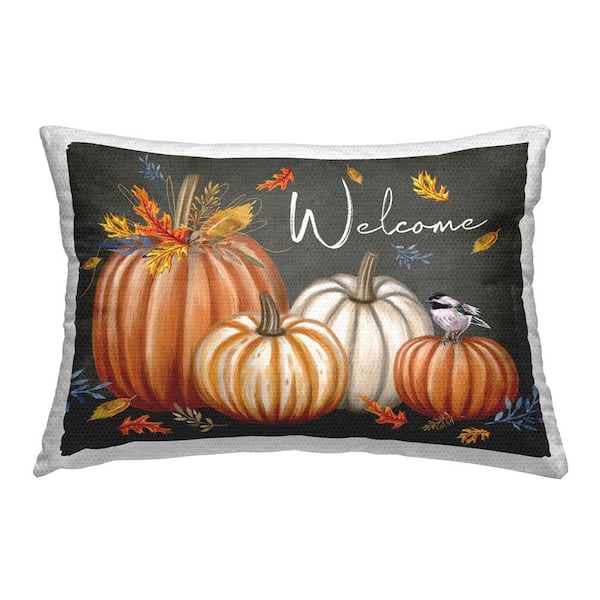 Welcome with Autumnal Pumpkins Black Rectangular Outdoor Throw Pillow