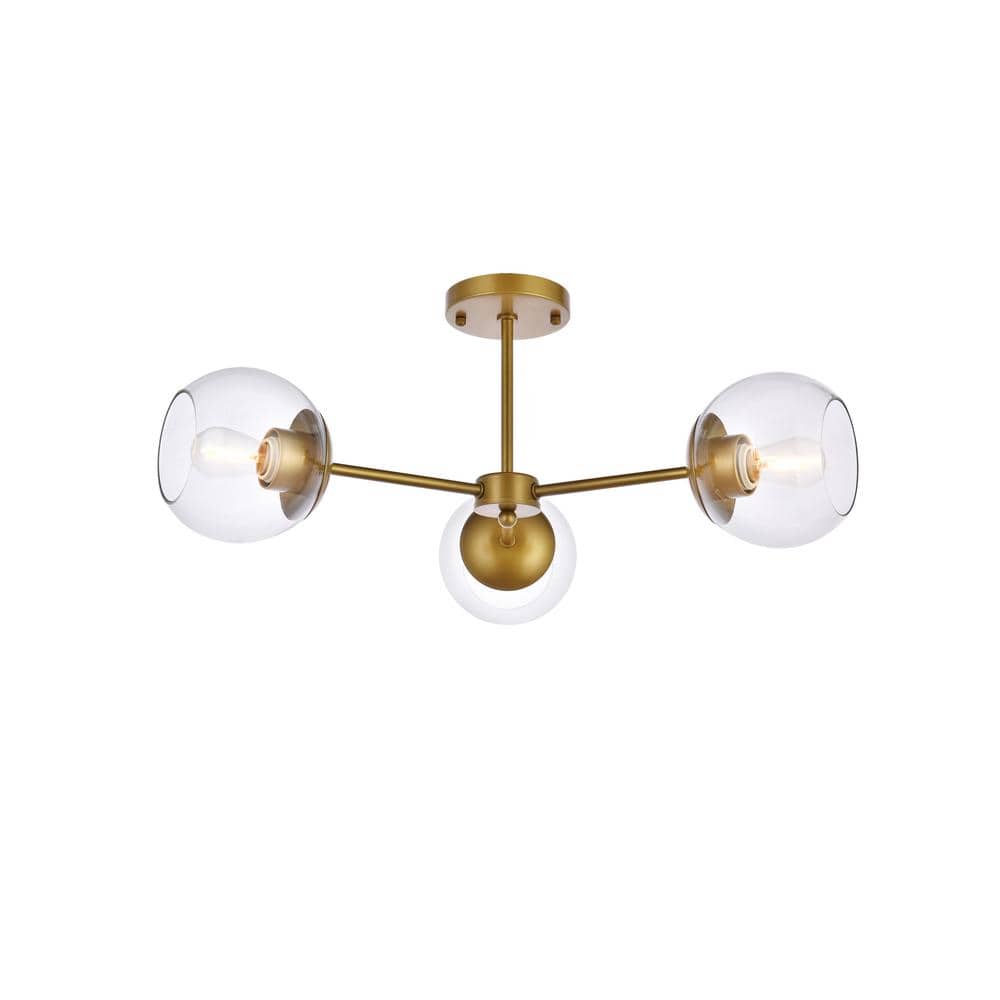 Timless Home 26 in. 3-Light Midcentury Modern Brass and Clear Flush Mount w