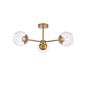 Timless Home 26 in. 3-Light Midcentury Modern Brass and Clear Flush Mount with No Bulbs Included