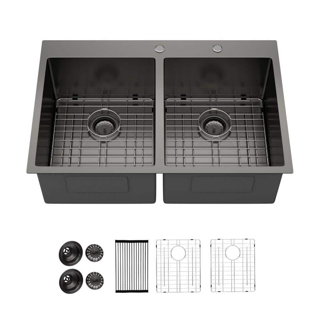 Sarlai 33 in. Drop-in/Topmount 50/50 Double Bowl 16-Gauge Gunmetal