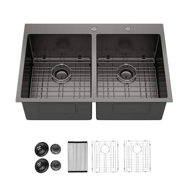 Sarlai 33 in. Drop-in/Topmount 50/50 Double Bowl 16-Gauge Gunmetal