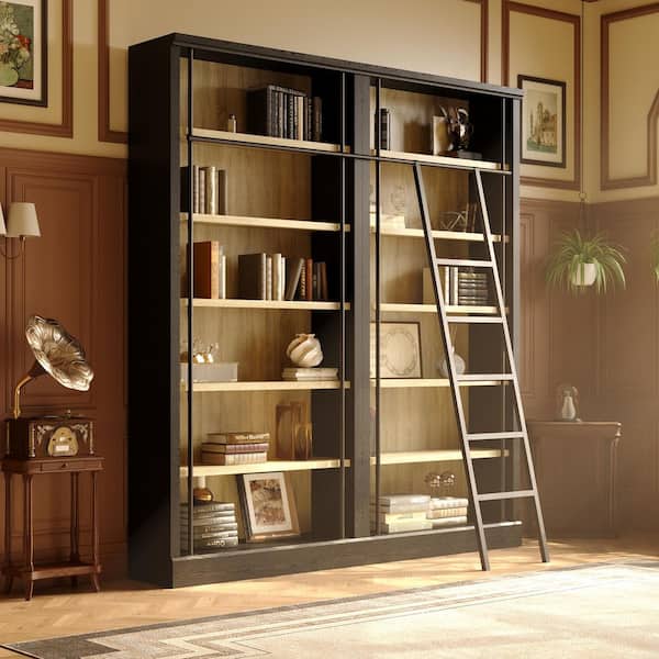 86.6 in. Tall Black Oak Wood 6-Shelf Ladder Library Bookcase with Rolling Ladder, Ample Open Storage, Sturdy frame
