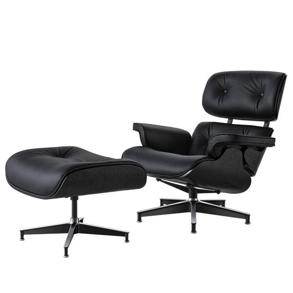Z-joyee Black Faux Leather Swivel Lounge Chair and Ottoman