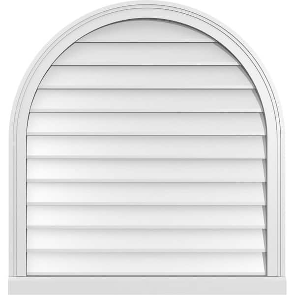 Ekena Millwork 32 in. x 34 in. Round Top Surface Mount PVC Gable Vent: Decorative with Brickmould Sill Frame