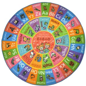 Multi-Color Boy Girl Kids Nursery Playroom Educational Learning ABC's Old MacDonald's Animals 3' x 3' Round Area Rug