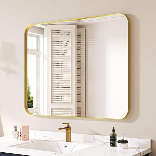 waterpar 40 in. W x 32 in. H Rectangular Aluminum Framed Wall Bathroom Vanity Mirror in Gold