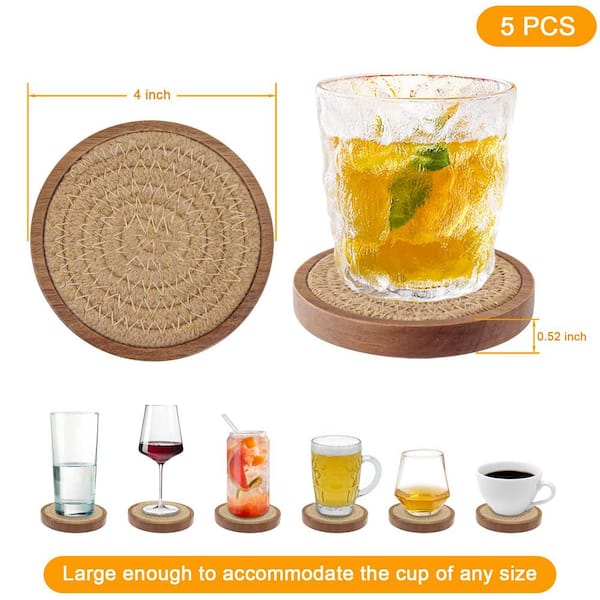 Coasters for Drinks Absorbent Sets of 5, Woven Coasters with Holder, Wood Coasters for Coffee Table 4 in.