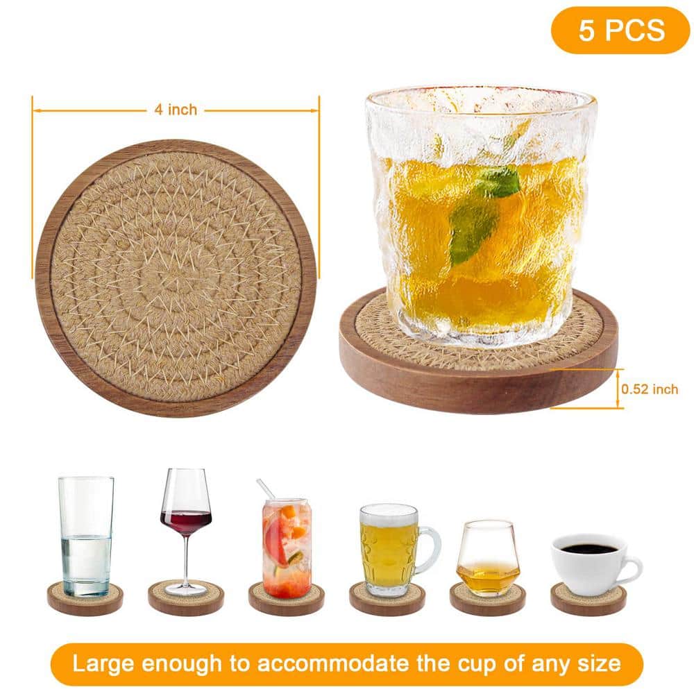 Round Wood and Woven Fabric Coasters with Holder, Set of 5