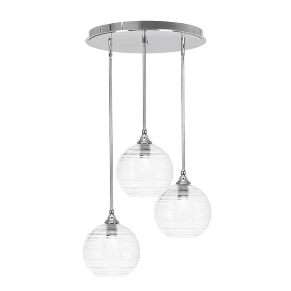 Unbranded Villa 3 Light Chrome Pendant, Cluster Pendant Light with 10 in. Clear Ribbed Glass Shades, No Bulbs Included