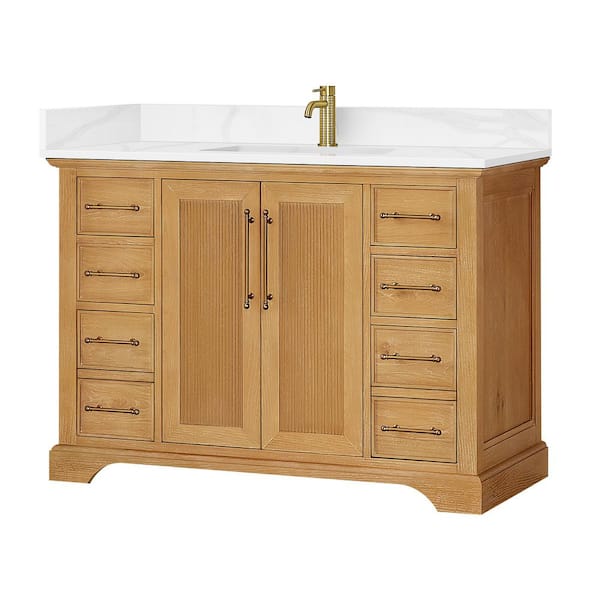 Tokyo 48 in. W. x 22 in. D x 44 in. H Single Bath Vanity in Oak Natural Brown with Silk White Quartz Stone Top