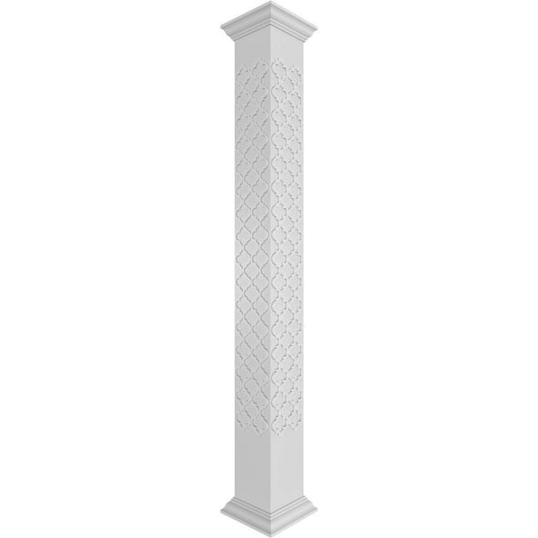 Ekena Millwork 9-5/8 in. x 9 ft. Premium Square Non-Tapered Medium Marrakesh Fretwork PVC Column Wrap Kit w/Crown Capital and Base
