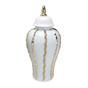9.00 in. W x 18.5 in. H Elegant White Ceramic Ginger Jar with Gold Accents - Timeless Home Decor