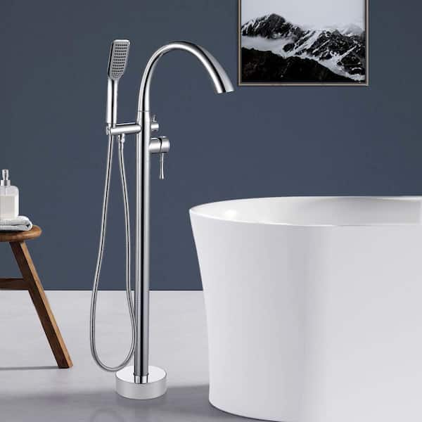 Single-Handle Floor Mount Freestanding Tub Faucet Bathtub Filler with Hand Shower in Chrome
