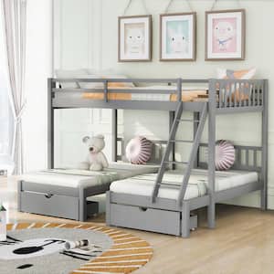 Gray Full Over Twin and Twin Triple Bunk Bed with Drawers and Desk