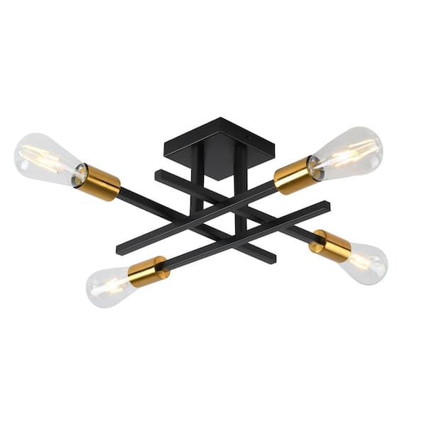 ADSENSTY 18.11 in. 4-Light Black and Gold Modern Sputnik Semi- Flush Mount Ceiling Lights with No Bulbs Included