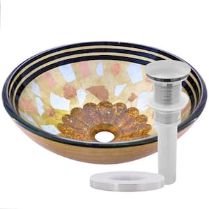 Celebrazione Round Glass Vessel Sink in Hand-Painted Multi-Color with Pop-Up Drain in Brushed Nickel