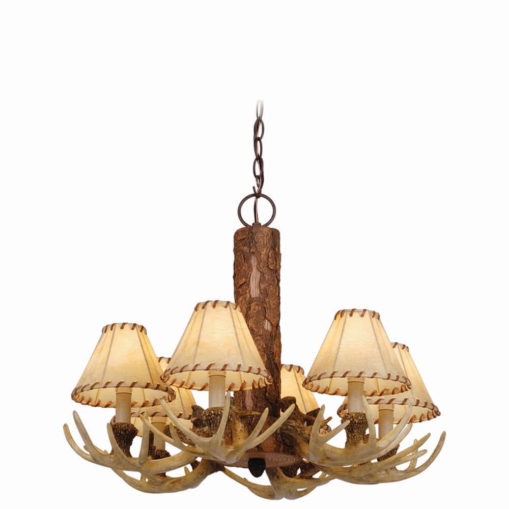 Rustic White Antler 22" Chandelier with Faux Leather Shades