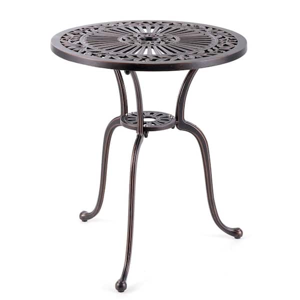 Costway 24 in. Round Cast Aluminum Outdoor Dining Bistro Table with 2 in. Umbrella Hole