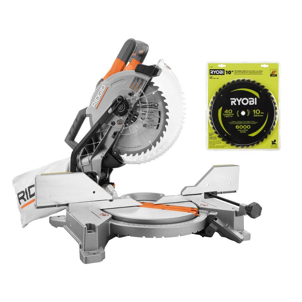 RIDGID 15 Amp 10 in. Corded Dual Bevel Miter Saw with LED Cut Line Indicator with 10 in. 40T Carbide Thin Kerf Miter Saw Blade -  R4113-A181002