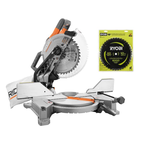 RIDGID 15 Amp 10 in. Corded Dual Bevel Miter Saw with LED Cut Line Indicator with 10 in. 40T Carbide Thin Kerf Miter Saw Blade