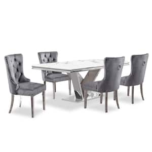 Sharland 5-Piece Rectangle Faux Marble Top Chrome and Gray Dining Table Set