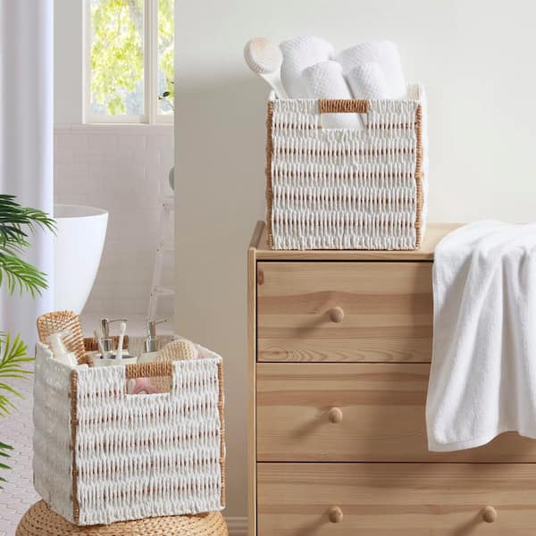 Ornavo Home White/Brown, 13 in. x 13 in. Paper Wicker Storage