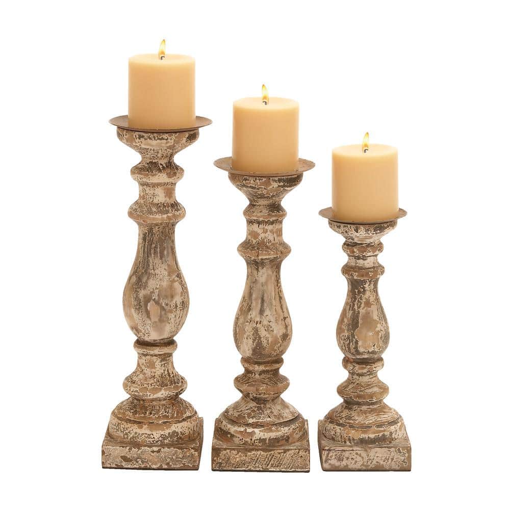 Elegant Rustic Brown Wooden Candlestick Trio, 15" Height