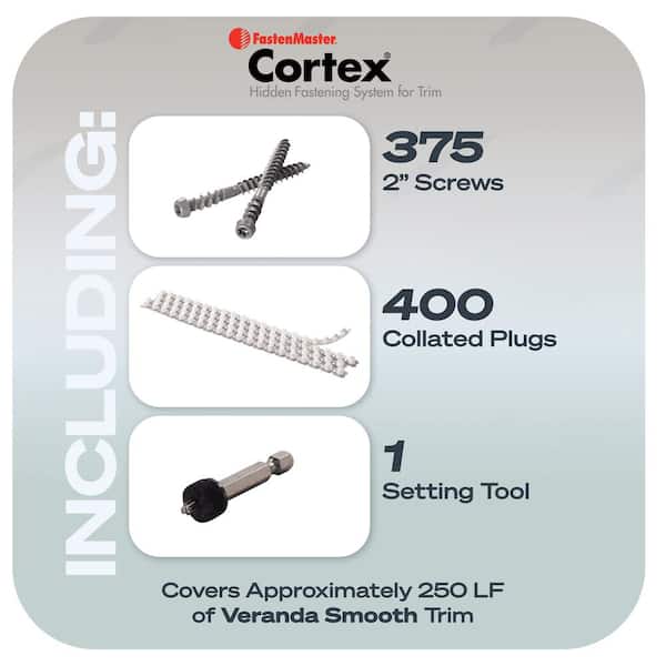 FastenMaster Collated Cortex Hidden Fastening System for Veranda Trim – 2 inch Cortex screws and plugs – Smooth (250 LF)