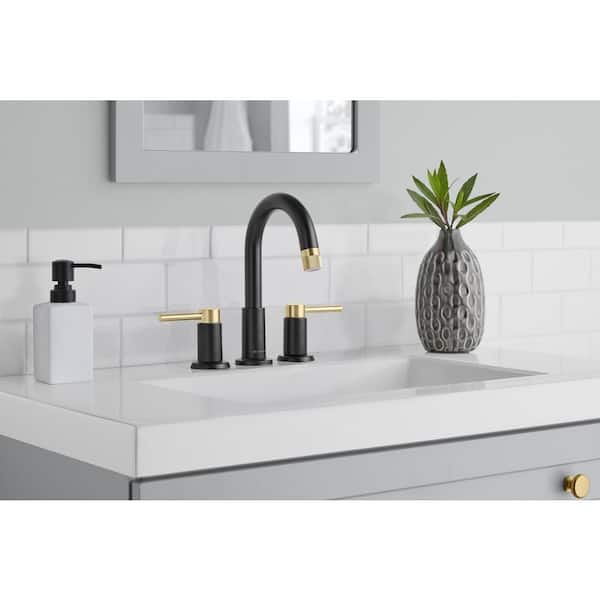 Dorind 8 in. Widespread Double-Handle Pull Down Bathroom Faucet in Matte Black and Matte Gold