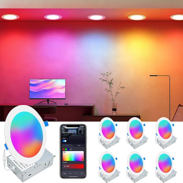 12-Watt 6 in. RGBCW Change Canless Ultra-Thin LED Recessed Ceiling Llight, 120LM/W, Smart APP Control ETL-6Pieces