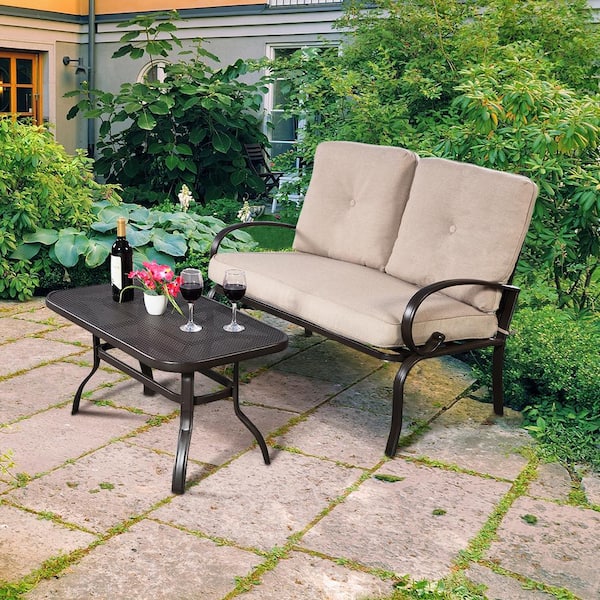 Unbranded 2-Pieces Metal Outdoor Patio Conversation Set with Beige Cushion
