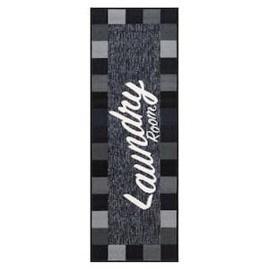 Laundry Collection Non-Slip Rubberback Checkered Border 2x5 Laundry Room Runner Rug, 1 ft. 8 in. x 4 ft. 11 in., Black
