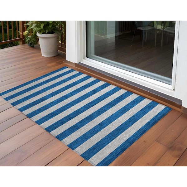 2' x 3' Ivory and Blue Striped Indoor Outdoor Area Rug 2' x 3' Ivory and Blue Striped Indoor Outdoor Area Rug