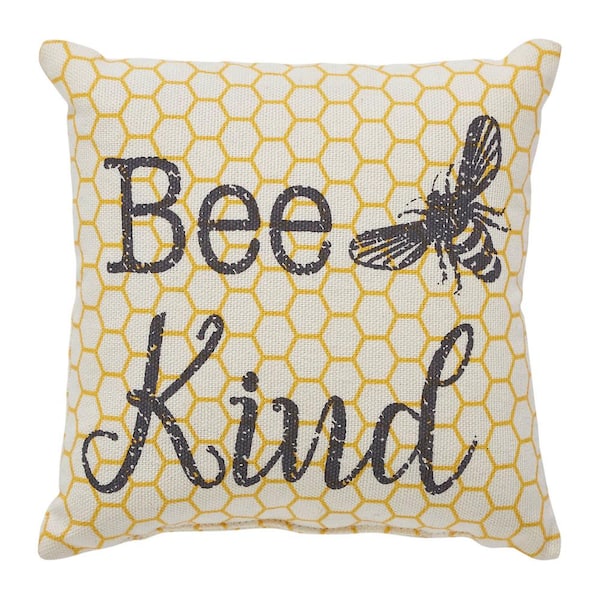 VHC BRANDS Buzzy Bees Yellow Antique White Grey Bee Kind 6 in. x 6 in. Throw Pillow
