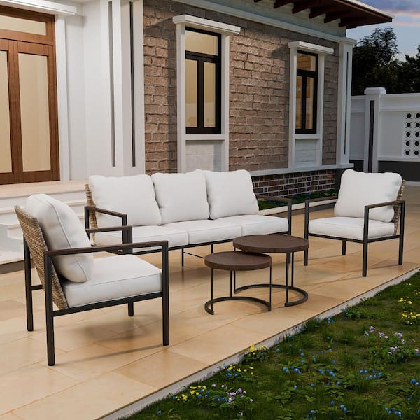 EAGLE PEAK 5-Piece Brown Wicker Outdoor Patio Conversation Set with Beige Cushions, 3-Seat Loveseat and Nesting Coffee Tabels