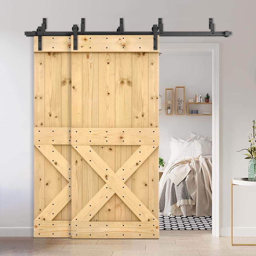Unfinished Knotty Pine Double Sliding Barn Door with Black Hardware