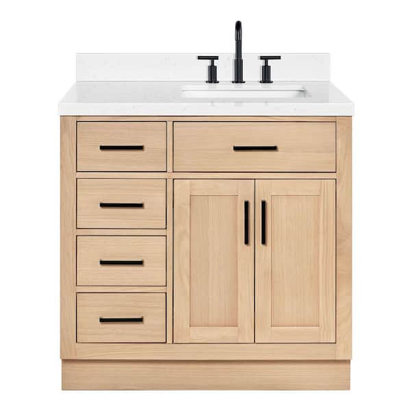 Hepburn 36 in. Single Sink Freestanding Bathroom Vanity in Oak with Carrara White Quartz Top