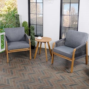 Aveiro 3-Piece Modern Bohemian Roped Acacia Wood Conversation Outdoor Patio Set with Cushions, Gray/Teak Brown
