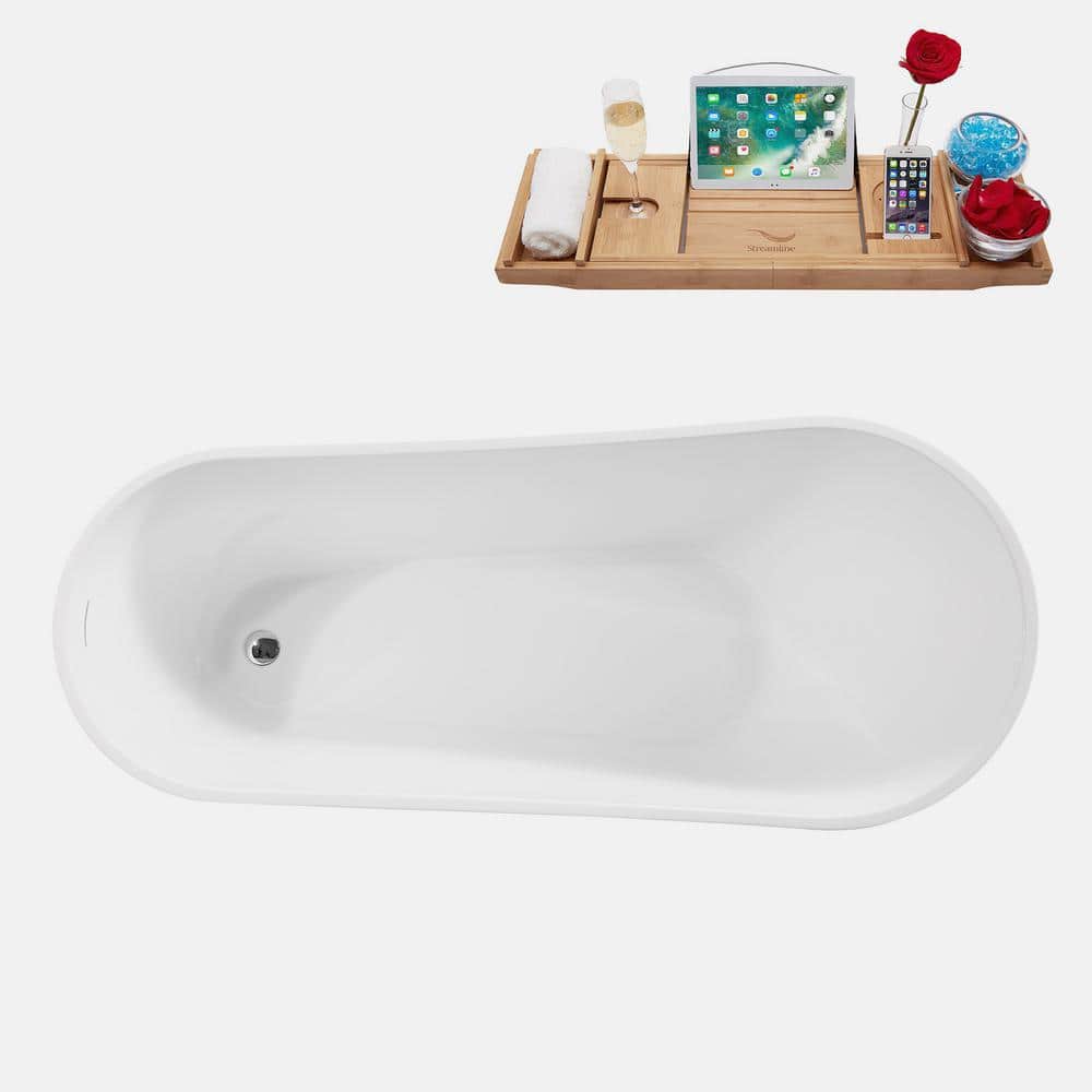 67" Glossy White Acrylic Freestanding Soaking Bathtub with Bamboo Tray