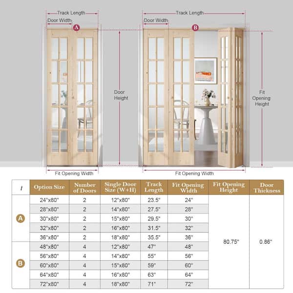32 in. x 80 in. Pre Assembled Clear Glass Solid Core Brown Unfinished Wood Bi-fold Door with Hardware