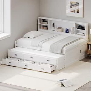 White Full Size Wooden Daybed with Trundle, Storage Bookcase Headboard and 3-Drawers