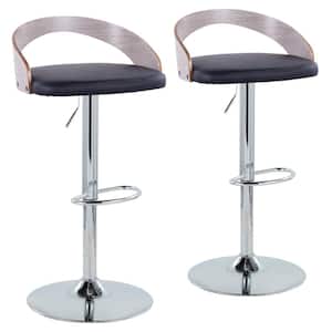 Grotto 39 in. Black Faux Leather, Light Grey Wood and Chrome Metal Adjustable Bar Stool with Oval Footrest (Set of 2)