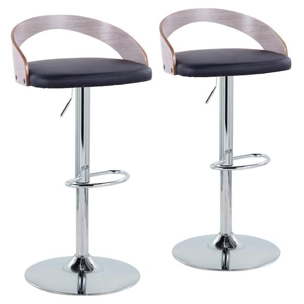 Lumisource Grotto 39 in. Black Faux Leather, Light Grey Wood and Chrome Metal Adjustable Bar Stool with Oval Footrest (Set of 2)