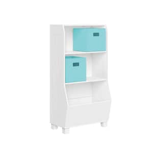 23-in. Wide White Playroom Bookshelf with Veggie Bin Organizer, 2-Open Toy Storage Shelves, and 2-Aqua Fabric Bins