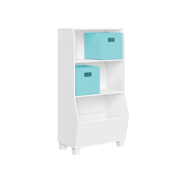 RiverRidge Home 23-in. Wide White Playroom Bookshelf with Veggie Bin Organizer, 2-Open Toy Storage Shelves, and 2-Aqua Fabric Bins