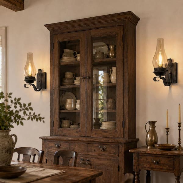 5 in. 1-Light Oil Rubbed Bronze Wall Sconces Set of 2, Vintage Amber Glass Indoor Wall Lights for Bathroom Living Room